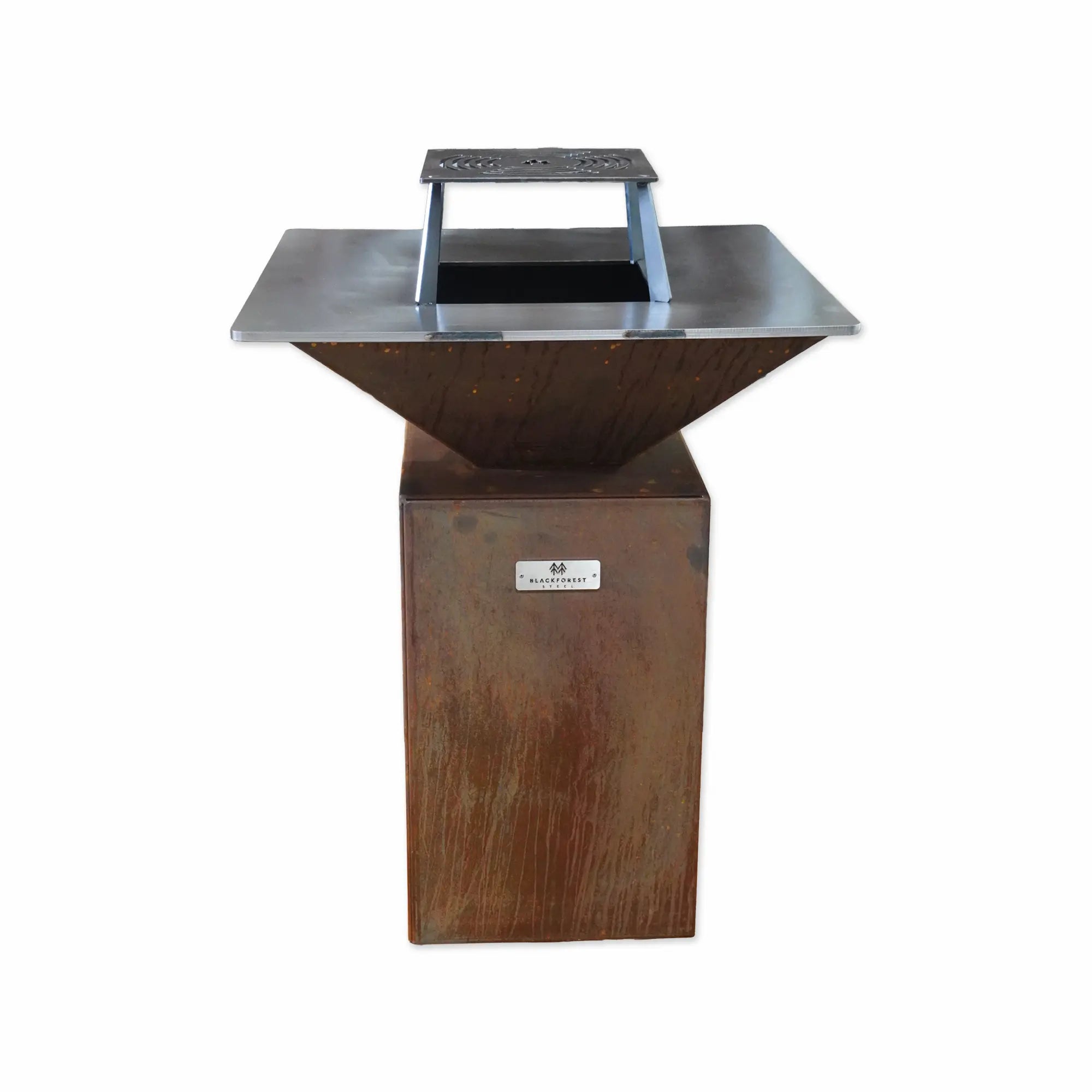 FyrR Grill Corten 75 mit quadratischer Feuerplatte und Cortenstahl-Unterbau